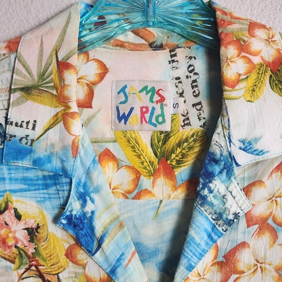 Jams World Shirt Womens Small Blue Love Letter Aloha Hawaiian Made in USA Camp - Picture 5 of 11